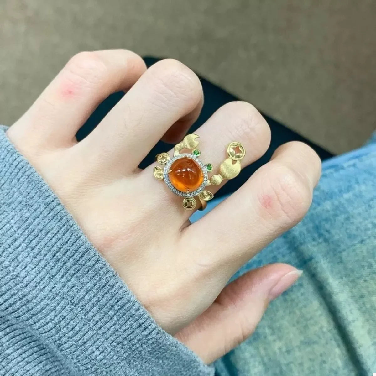 18K Plated Crab Ring With Amber Cabochon And Crystal Accents - Southern Shores Clothing