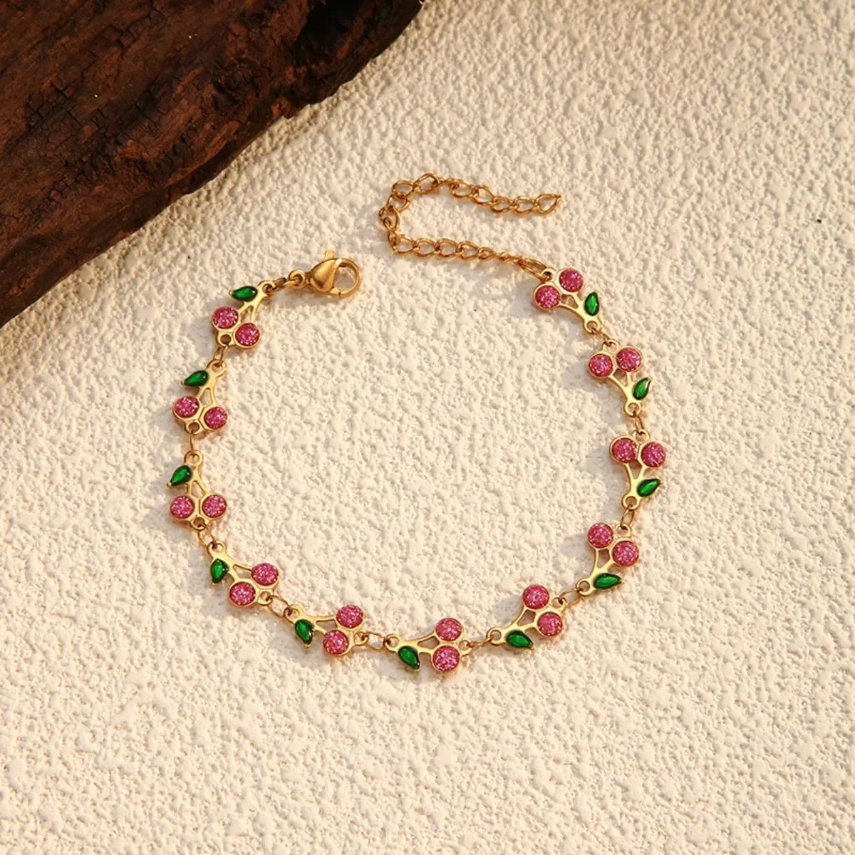 18K Plated Cherry Charm Bracelet With Green Leaves - Southern Shores Clothing