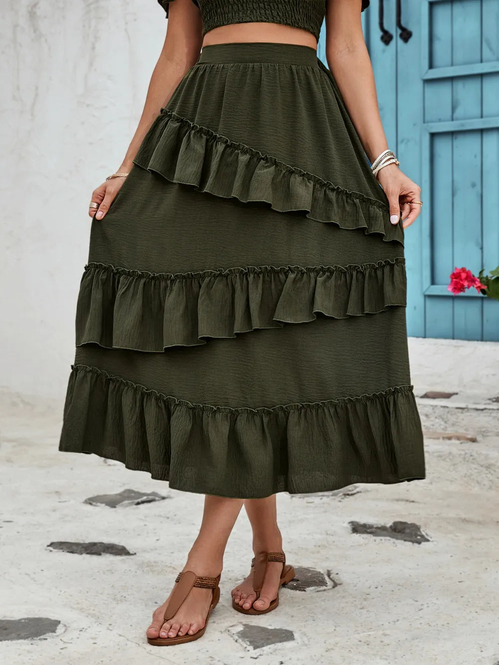 Island Escape Honey Ruffled Elastic Waist Midi Skirt