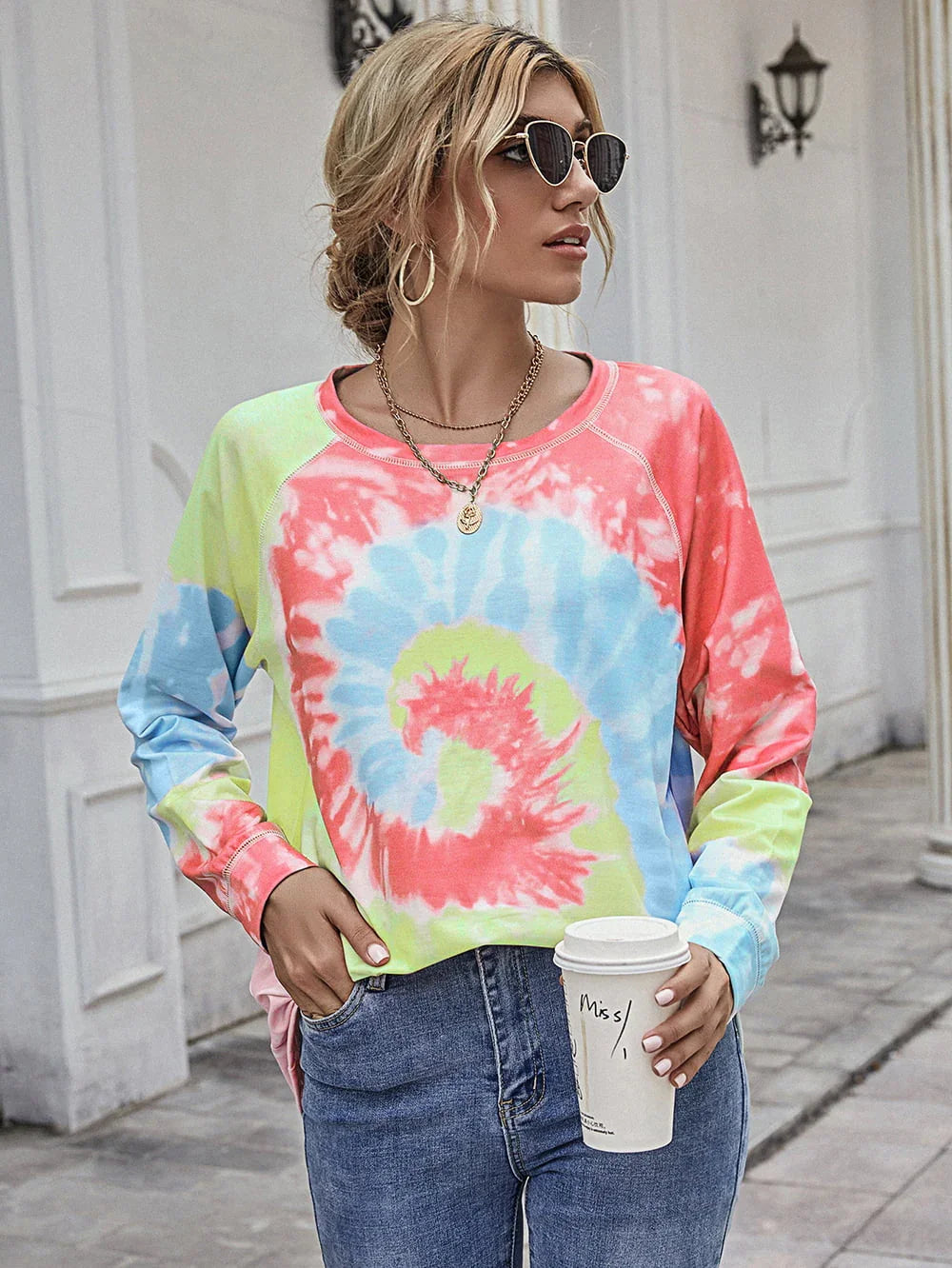 Printed Round Neck Raglan Long Sleeve Shirt - Southern Shores Clothing