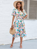 Printed Tie-Waist V-Neck Flutter Sleeve Dress - Southern Shores Clothing
