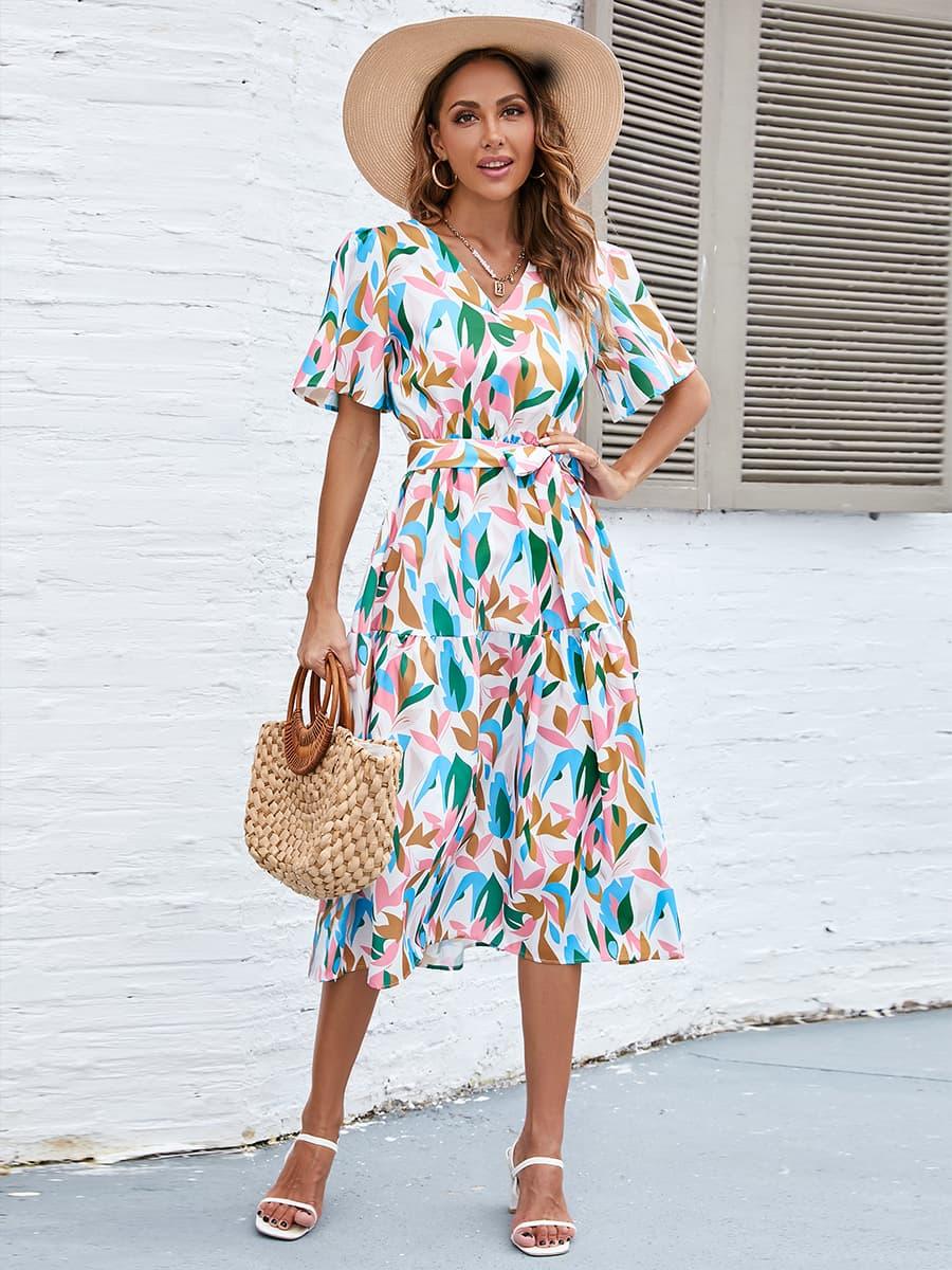 Printed Tie-Waist V-Neck Flutter Sleeve Dress - Southern Shores Clothing