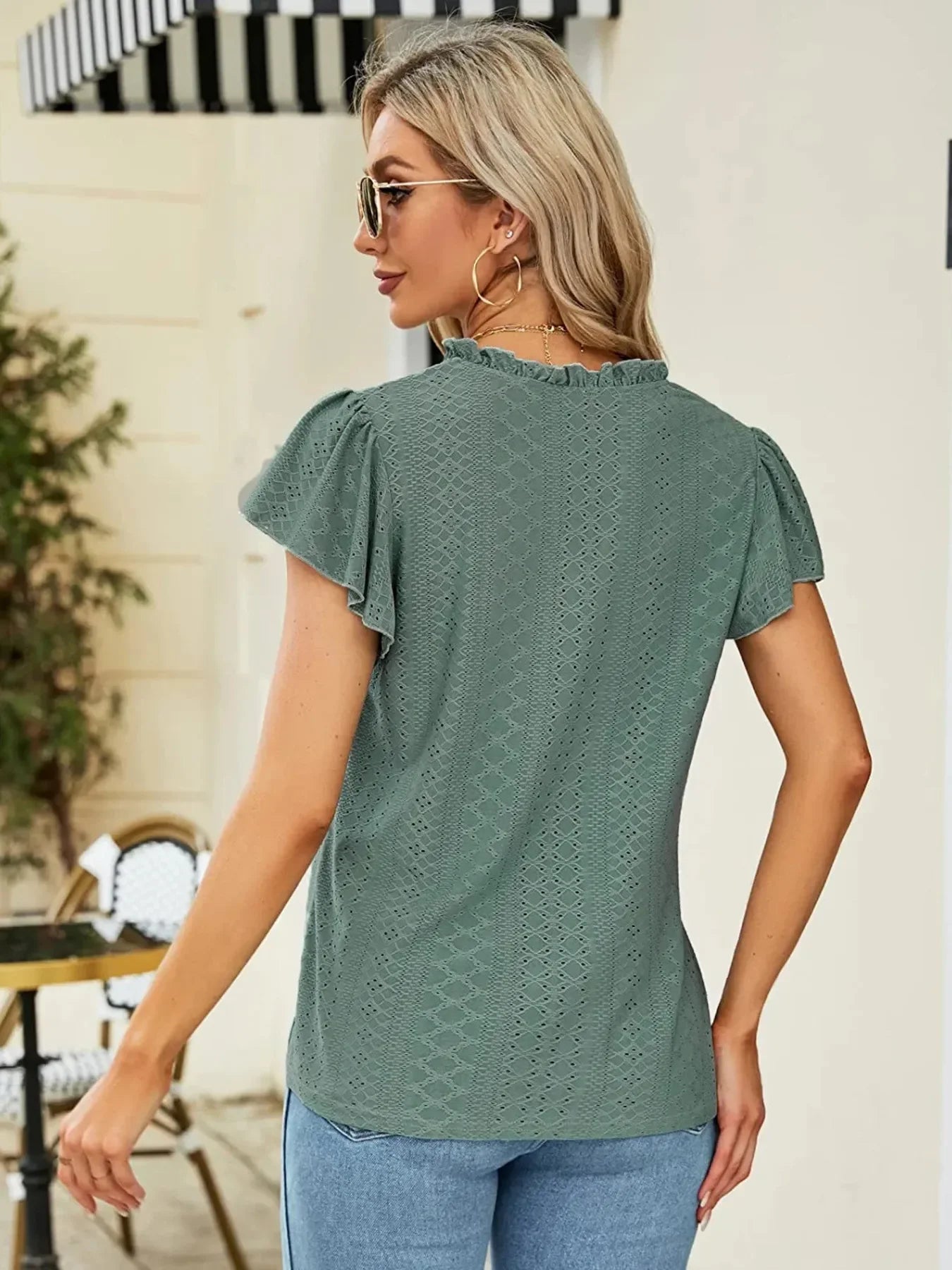 Eyelet Notched Short Sleeve T Shirt With Frills Stretchy - Southern Shores Clothing