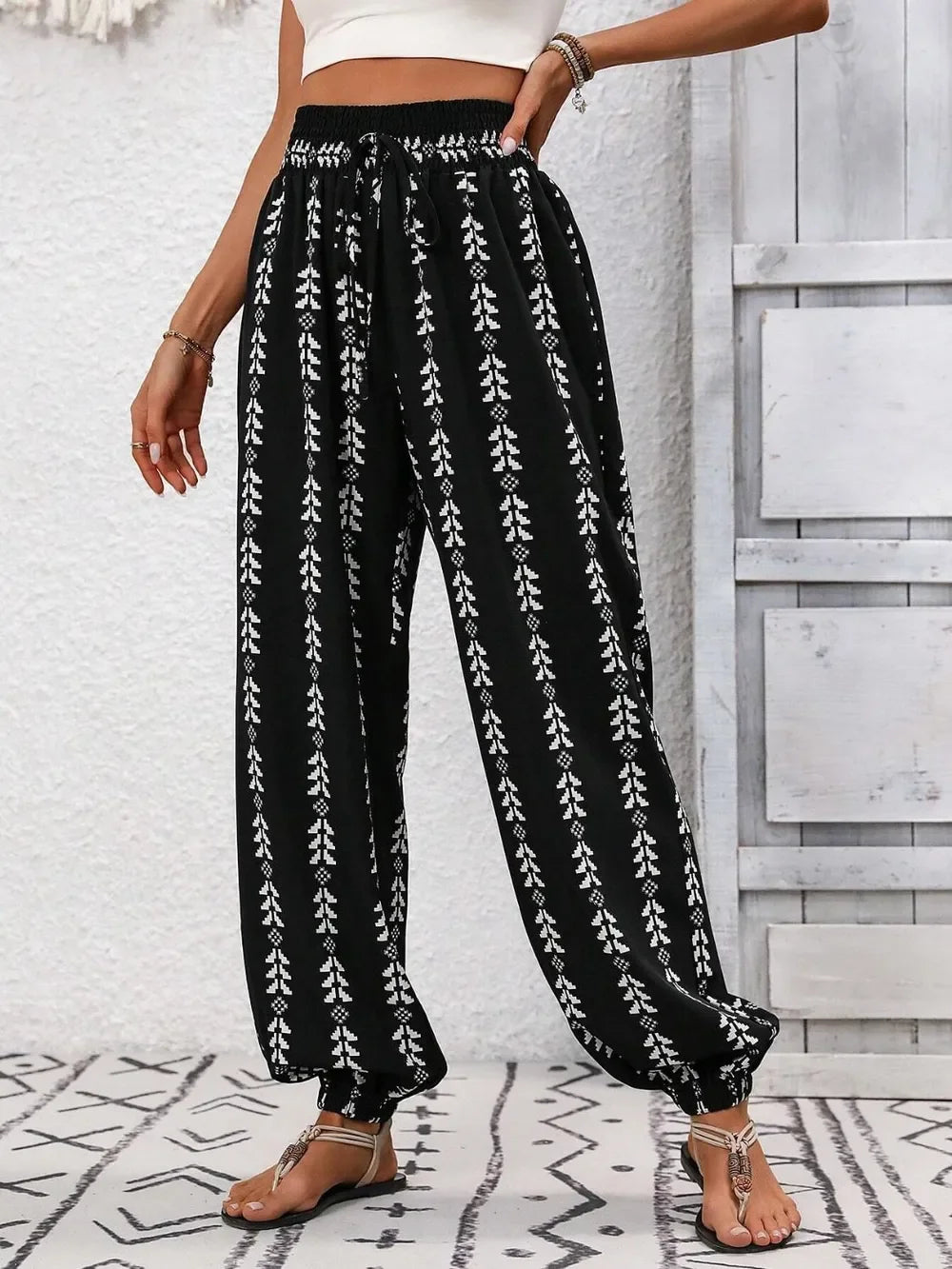 Tied Printed High Waist Wide Leg Pants With Drawstring Tie - Southern Shores Clothing