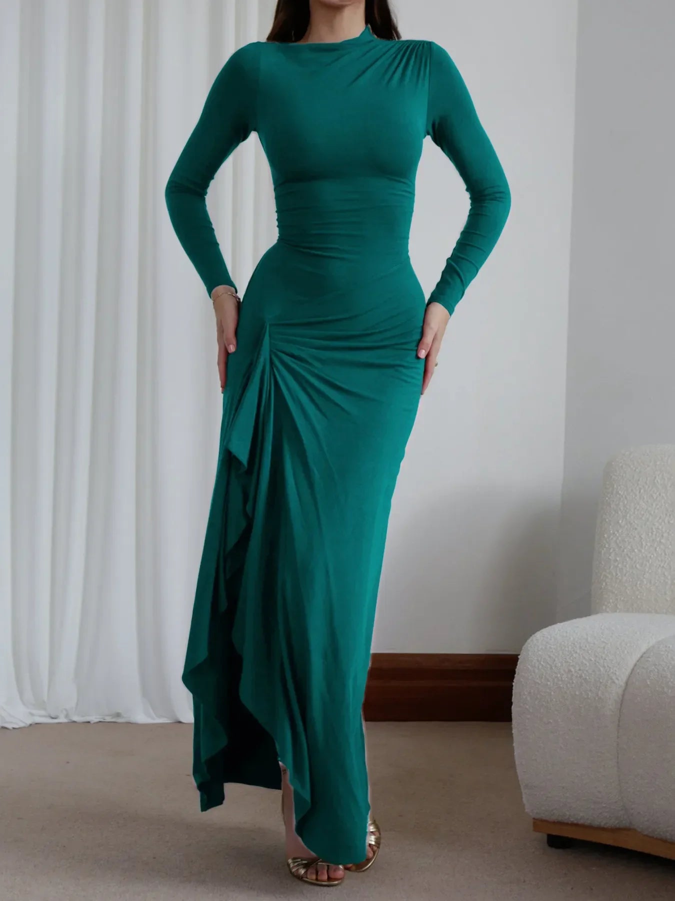 Ruched Long Sleeve Maxi Dress For Everyday Coastal Charm - Southern Shores Clothing