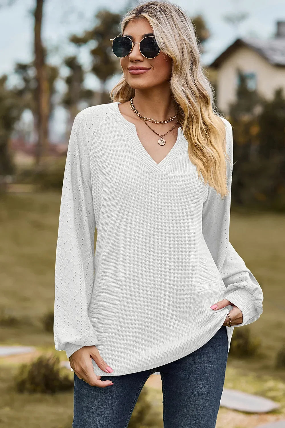 Eyelet Notched Raglan Sleeve T-Shirt - Southern Shores Clothing