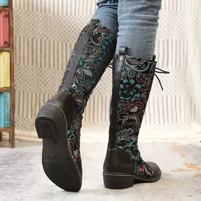 Embroidered Lace-Up Knee-High Boots With Mid Heel - Southern Shores Clothing