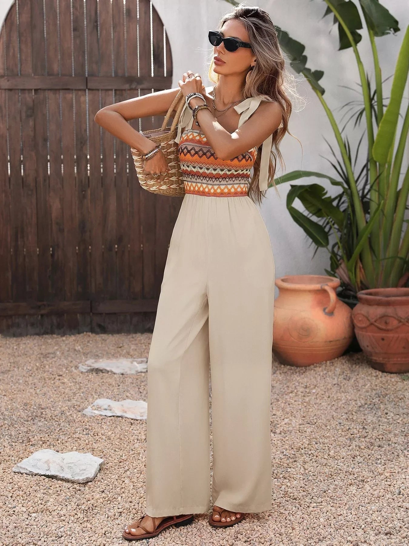 Smocked Tie Shoulder Wide Leg Jumpsuit With Pockets - Southern Shores Clothing
