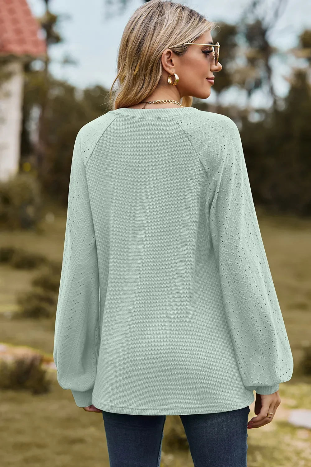 Eyelet Notched Raglan Sleeve T-Shirt - Southern Shores Clothing