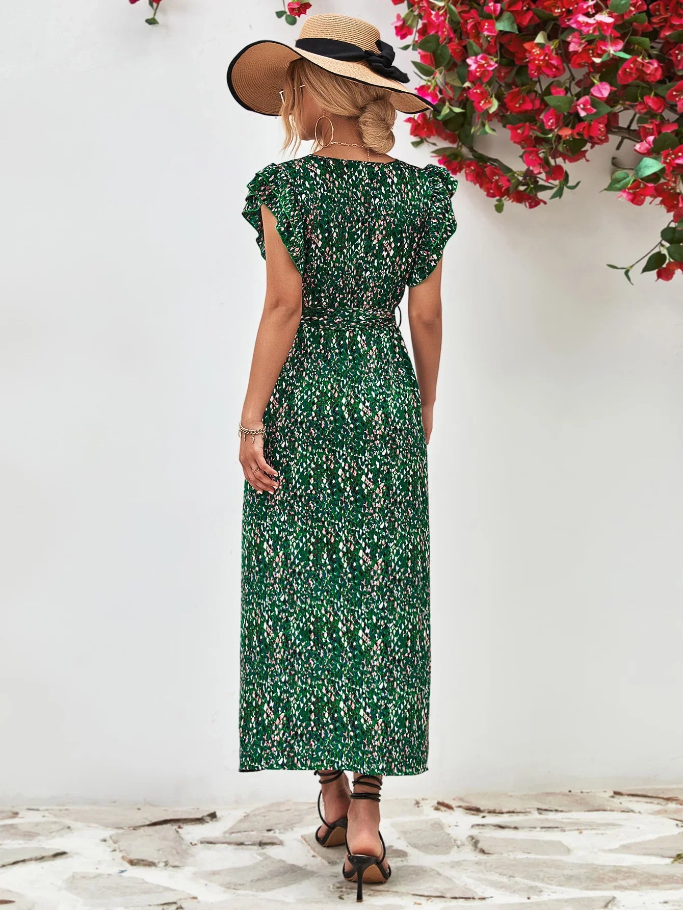 Printed Surplice Neck Flutter Sleeve Slit Dress - Southern Shores Clothing