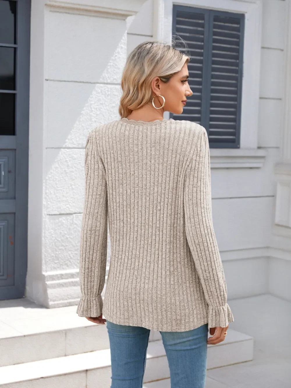 Lace Detail V-Neck Long Sleeve T-Shirt - Southern Shores Clothing
