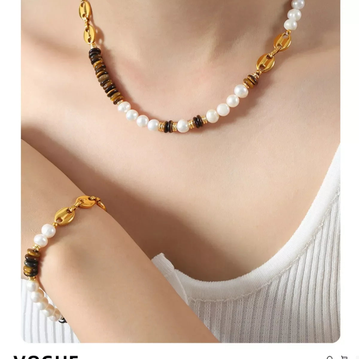 Tiger's Eye Freshwater Pearl Necklace, 18K Gold-Plated - Southern Shores Clothing