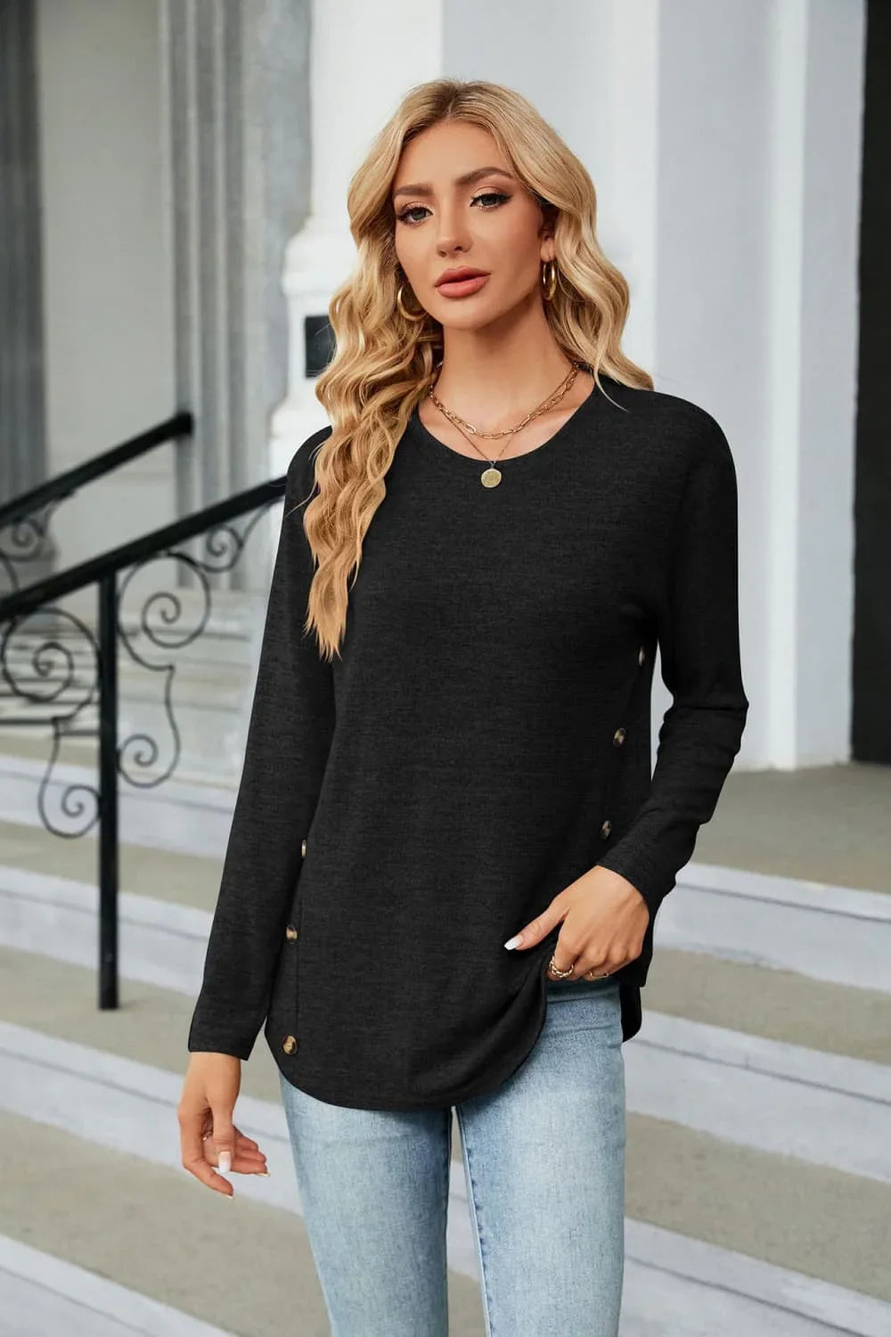 Round Neck Long Sleeve T Shirt With Button Detail - Southern Shores Clothing