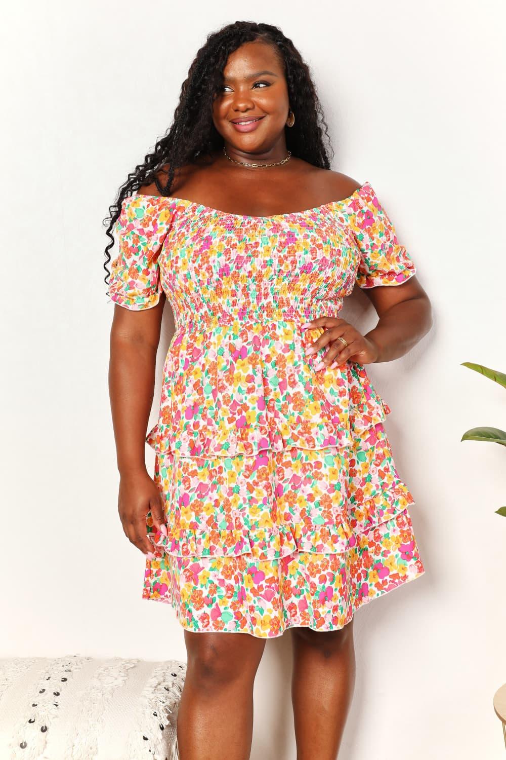 Smocked Bodice Sweetheart Neck Flounce Sleeve Mini Dress - Southern Shores Clothing