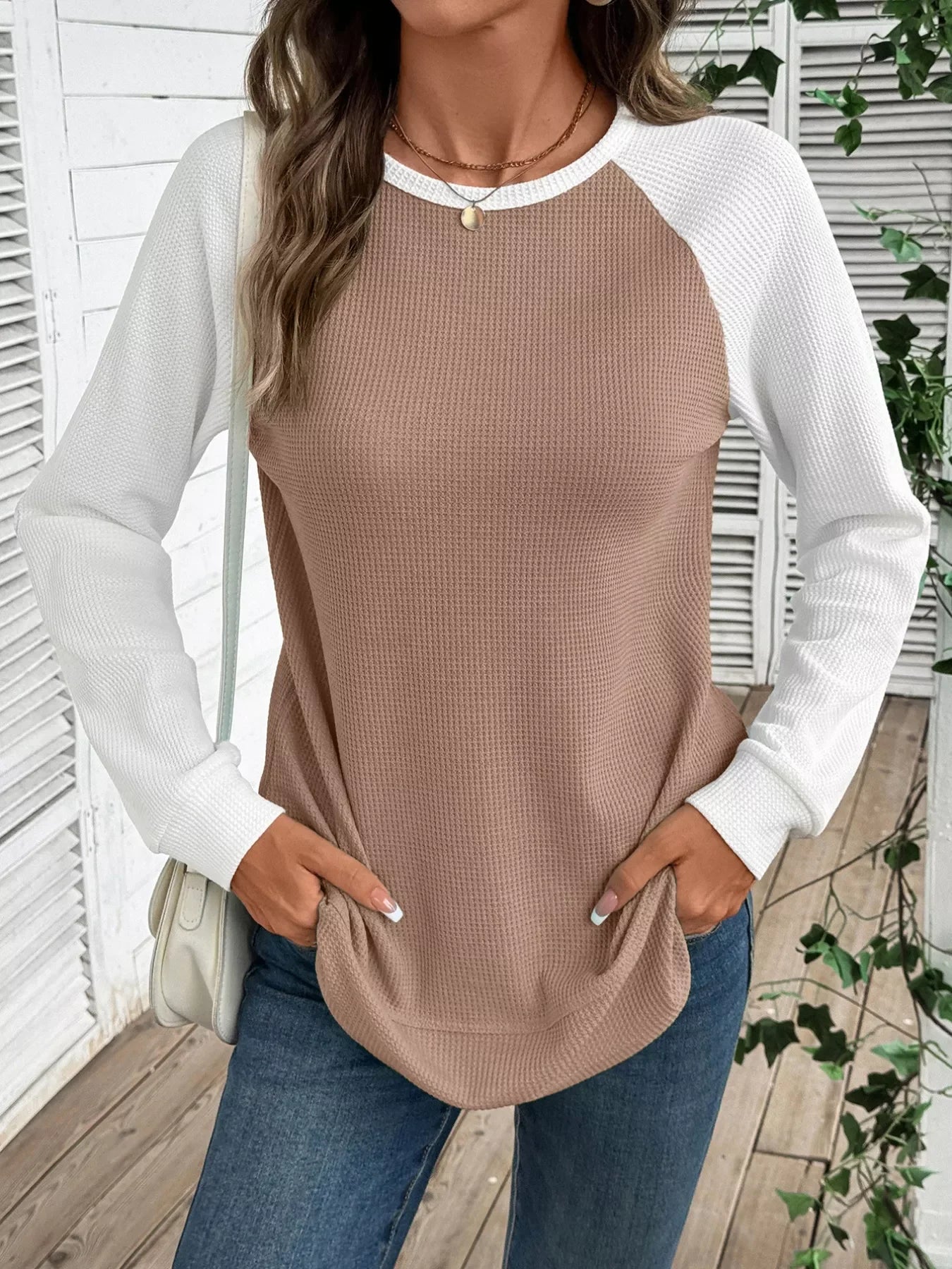 Contrast Raglan Sleeves Waffle Knit T Shirt - Southern Shores Clothing