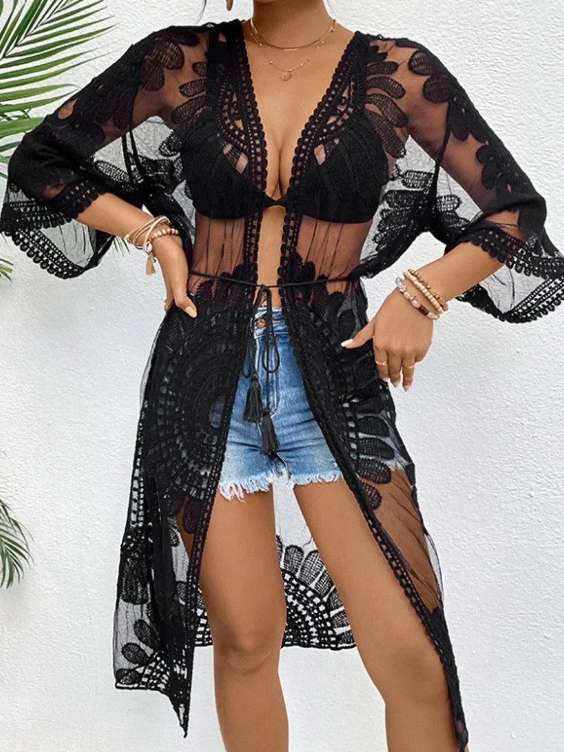 Lace Open Front Longline Cover Up One Size - Southern Shores Clothing