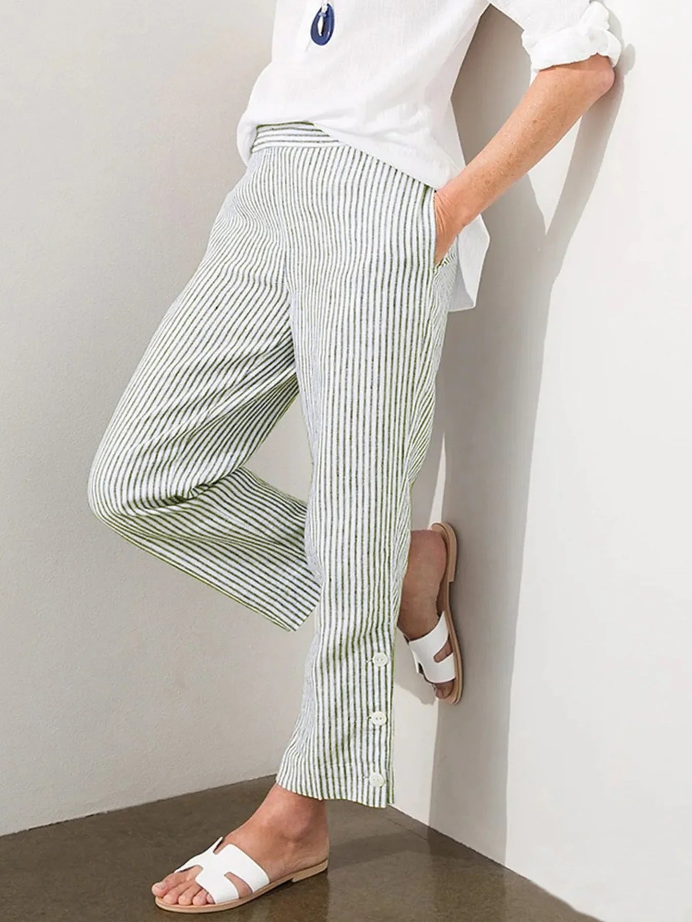 Striped Button Detail Plus Size Pants Coastal Comfort - Southern Shores Clothing