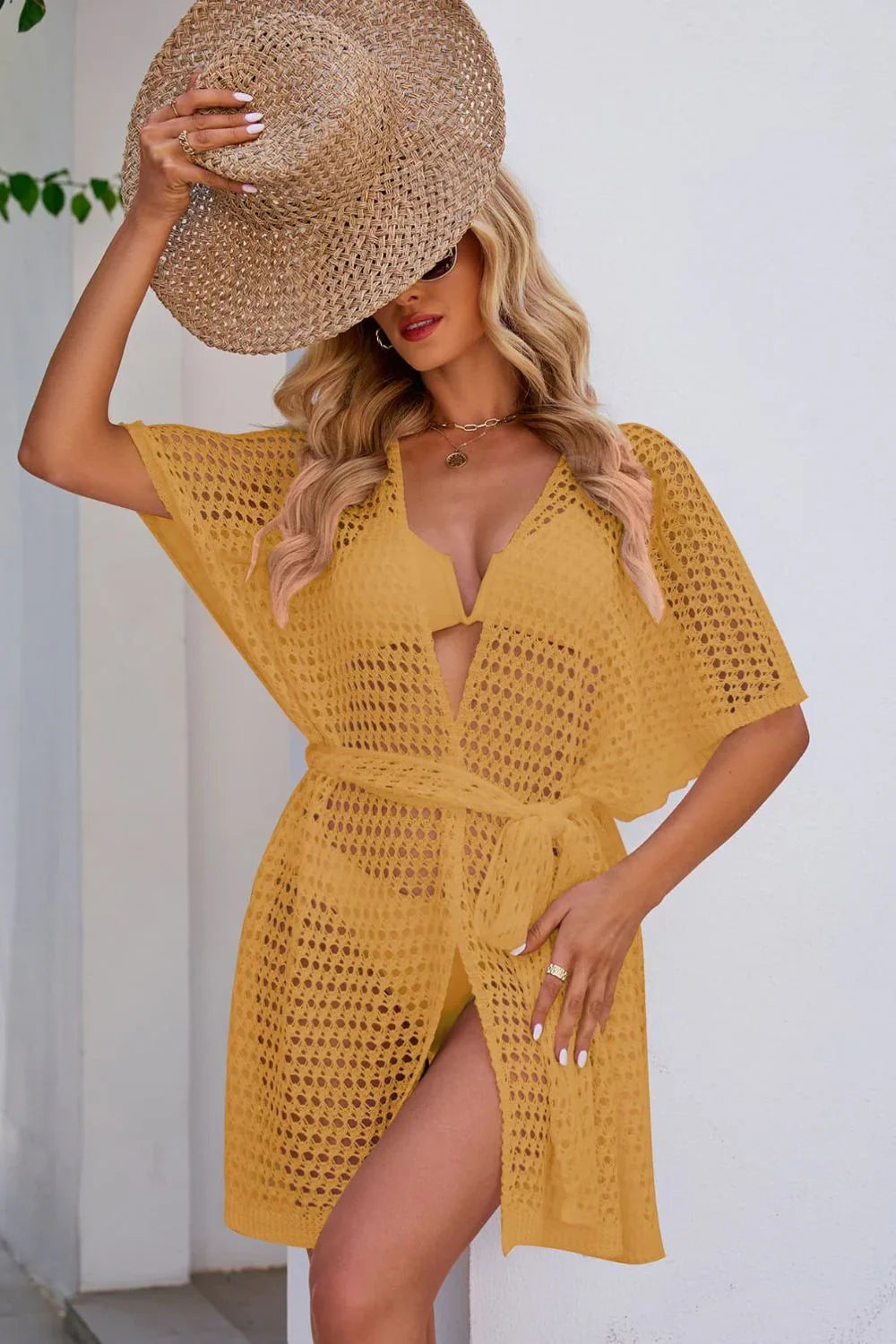 Lightweight Sheer Openwork Tie Waist Cover Up For Beach Days - Southern Shores Clothing