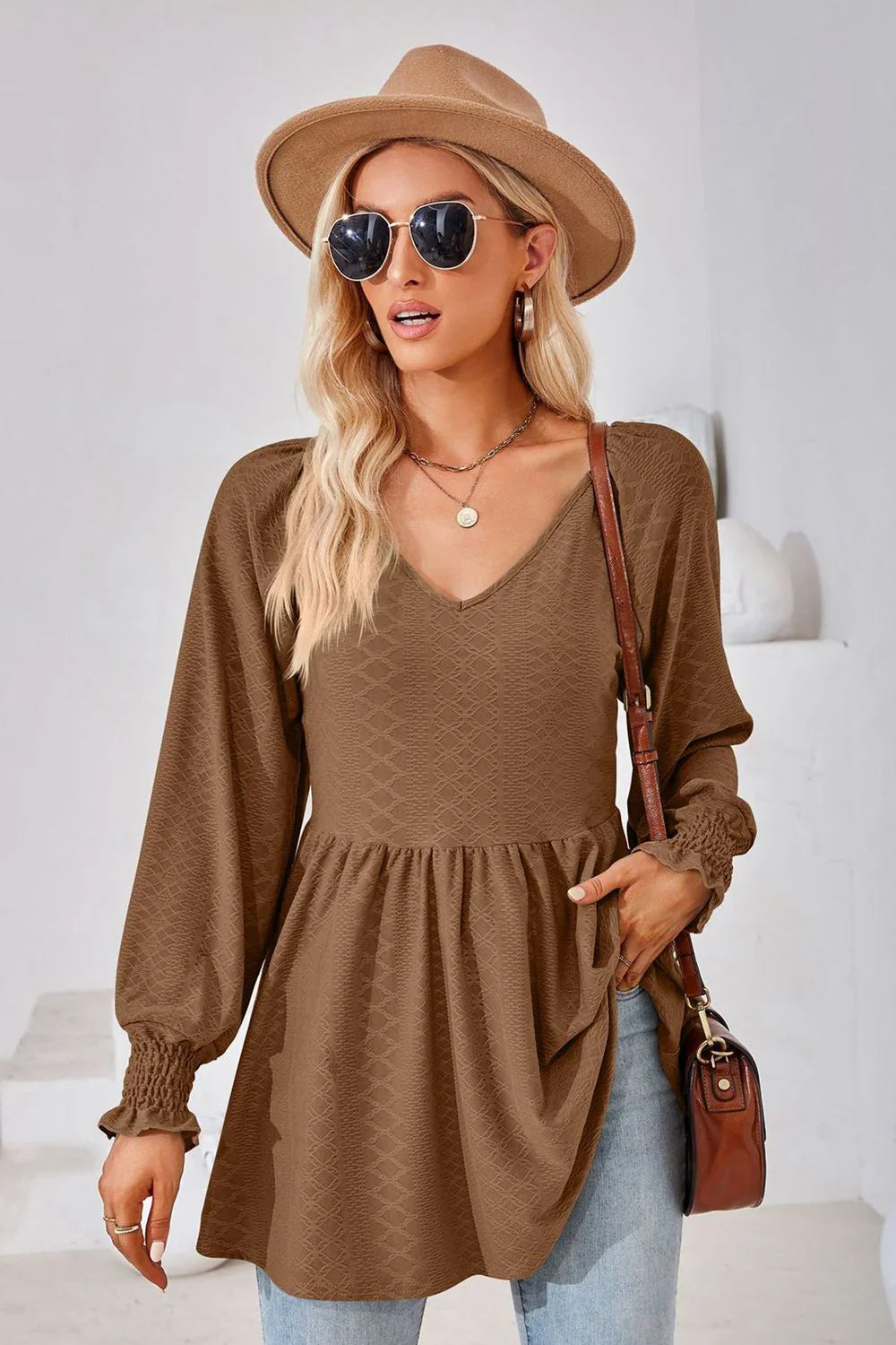 V-Neck Lantern Sleeve Blouse With Regular Length Casual Fit - Southern Shores Clothing