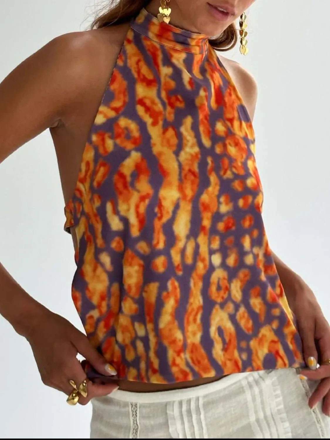 Backless Printed Halter Neck Tank Top With Slight Stretch - Southern Shores Clothing