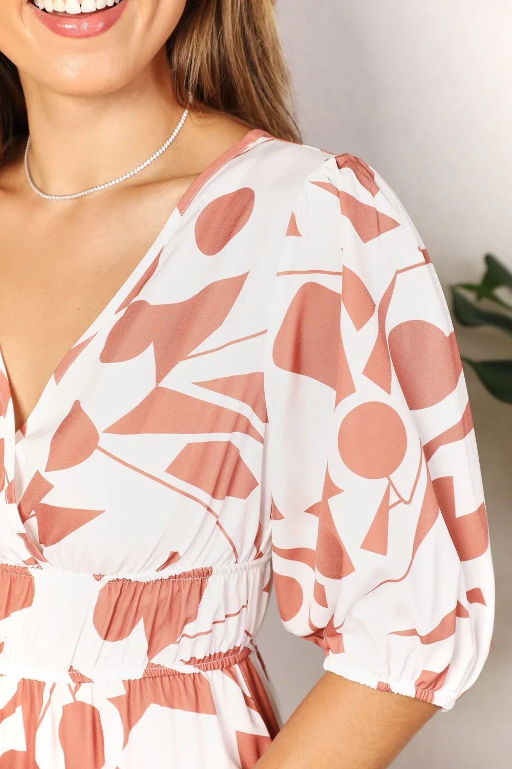 Printed Surplice Balloon Sleeve Dress Silhouette - Southern Shores Clothing