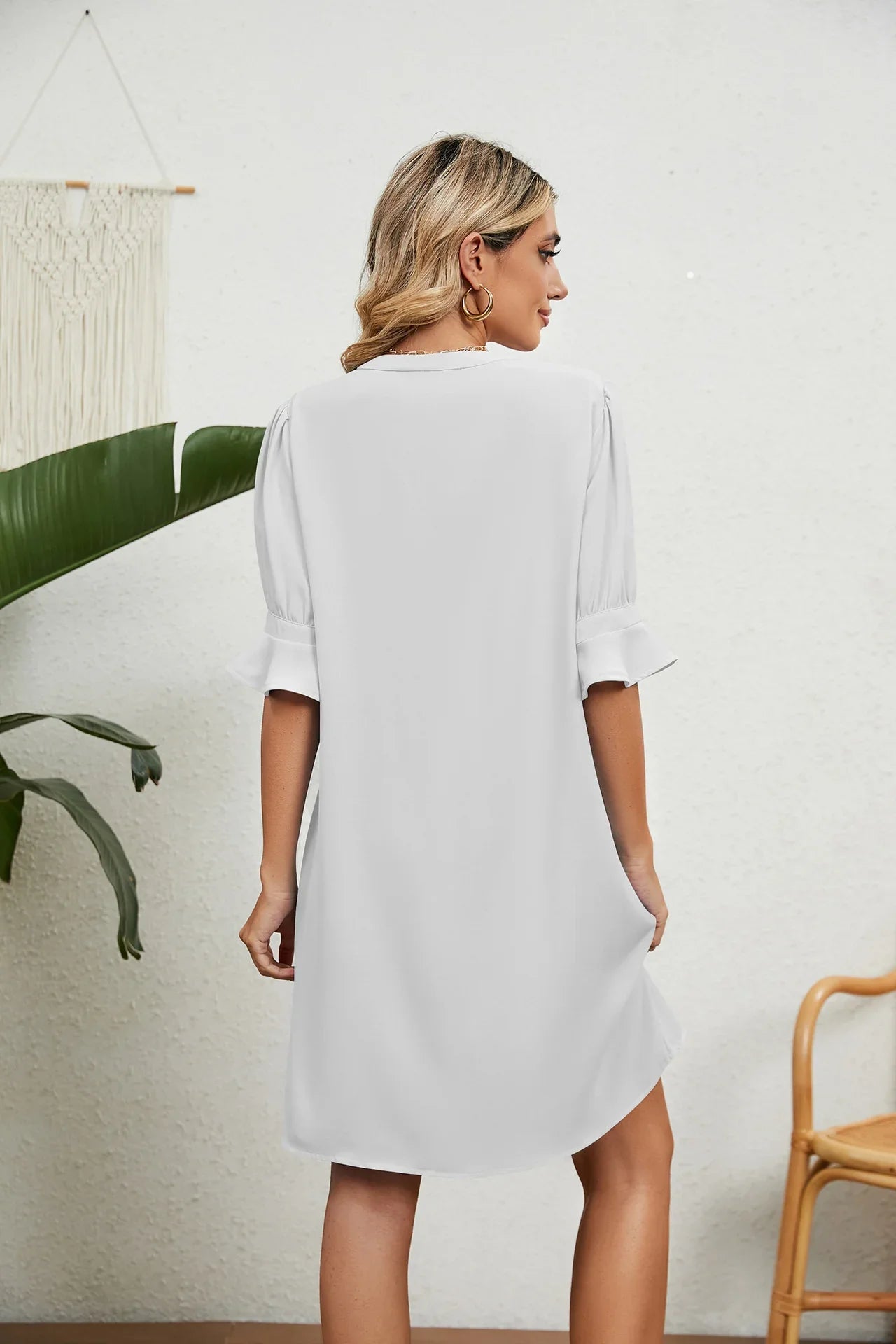 Knee Length Notched Neck Flounce Sleeve Dress - Southern Shores Clothing