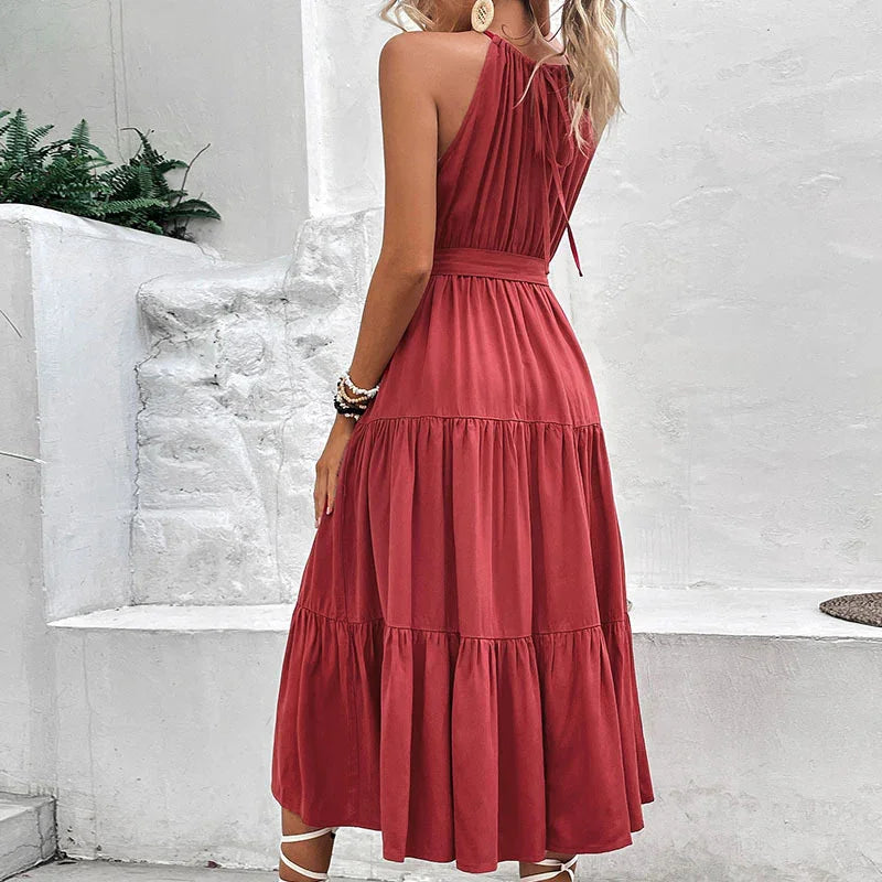Perfee Tie Belt Tiered Midi Dress - Southern Shores Clothing