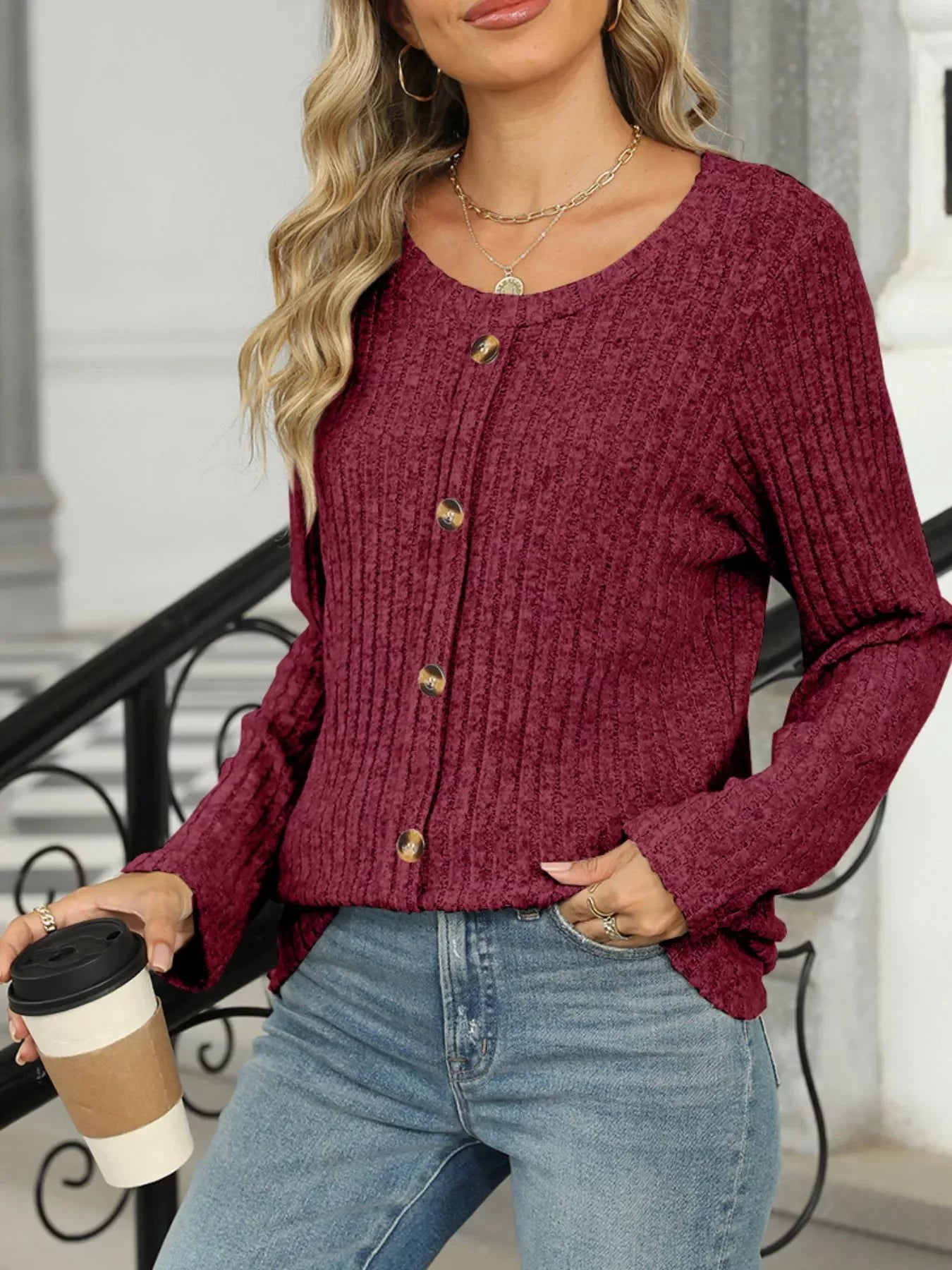 Ribbed Round Neck Long Sleeve Top - Southern Shores Clothing