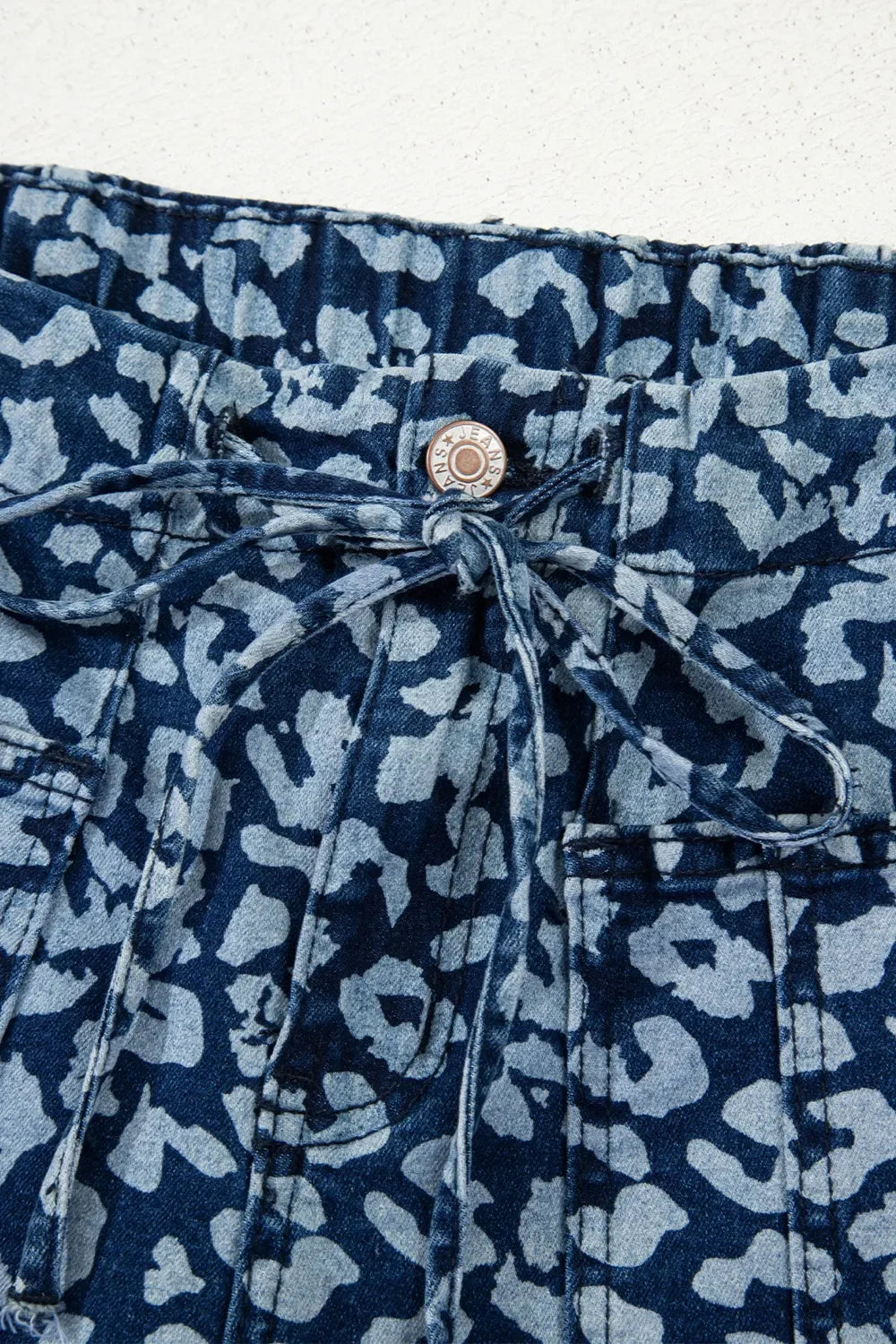 Leopard Print Denim Wide Leg Jeans With Drawstring Waist - Southern Shores Clothing