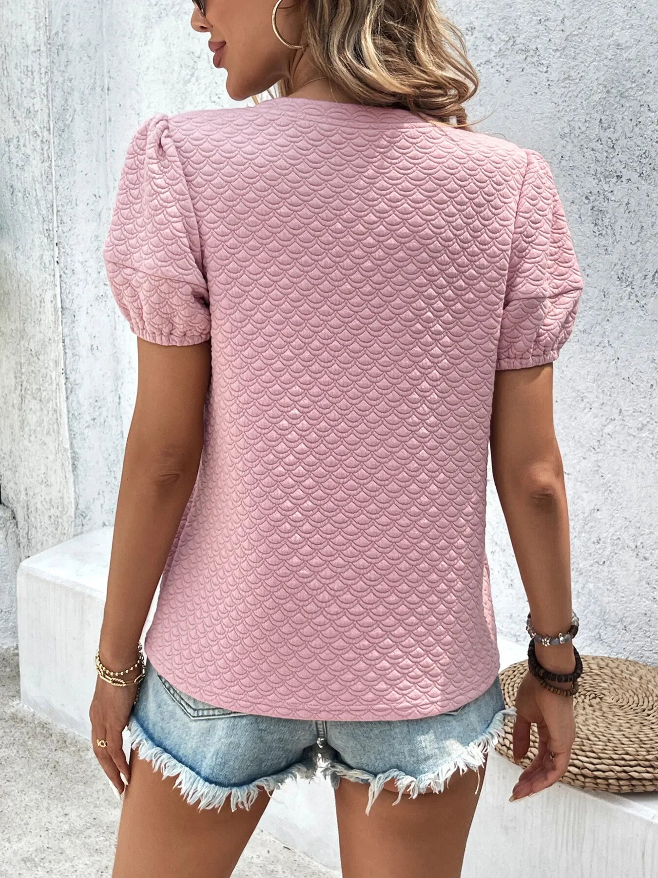 Textured Puff Sleeve Stretch T Shirt Top - Southern Shores Clothing