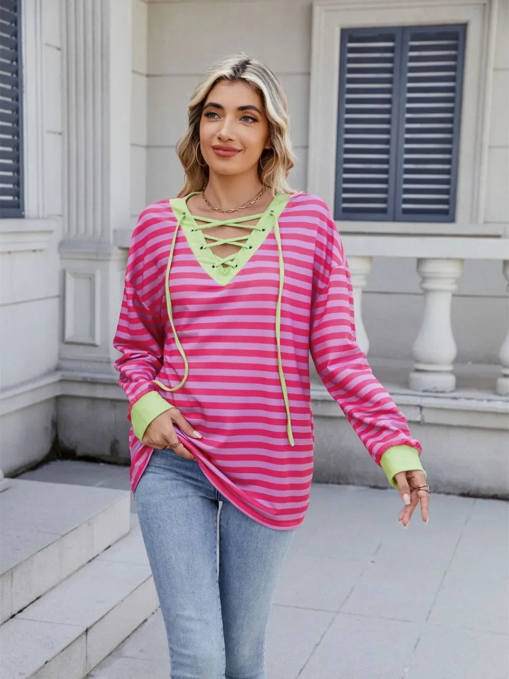 Lace-Up Striped Long Sleeve T-Shirt - Southern Shores Clothing