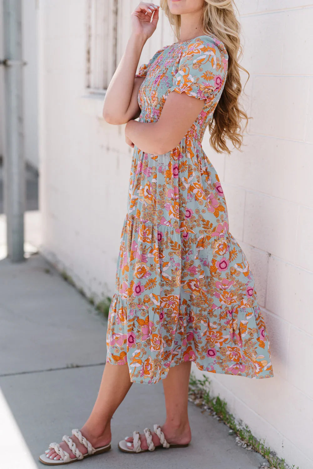 Floral Flounce Sleeve Round Neck Midi Dress - Southern Shores Clothing