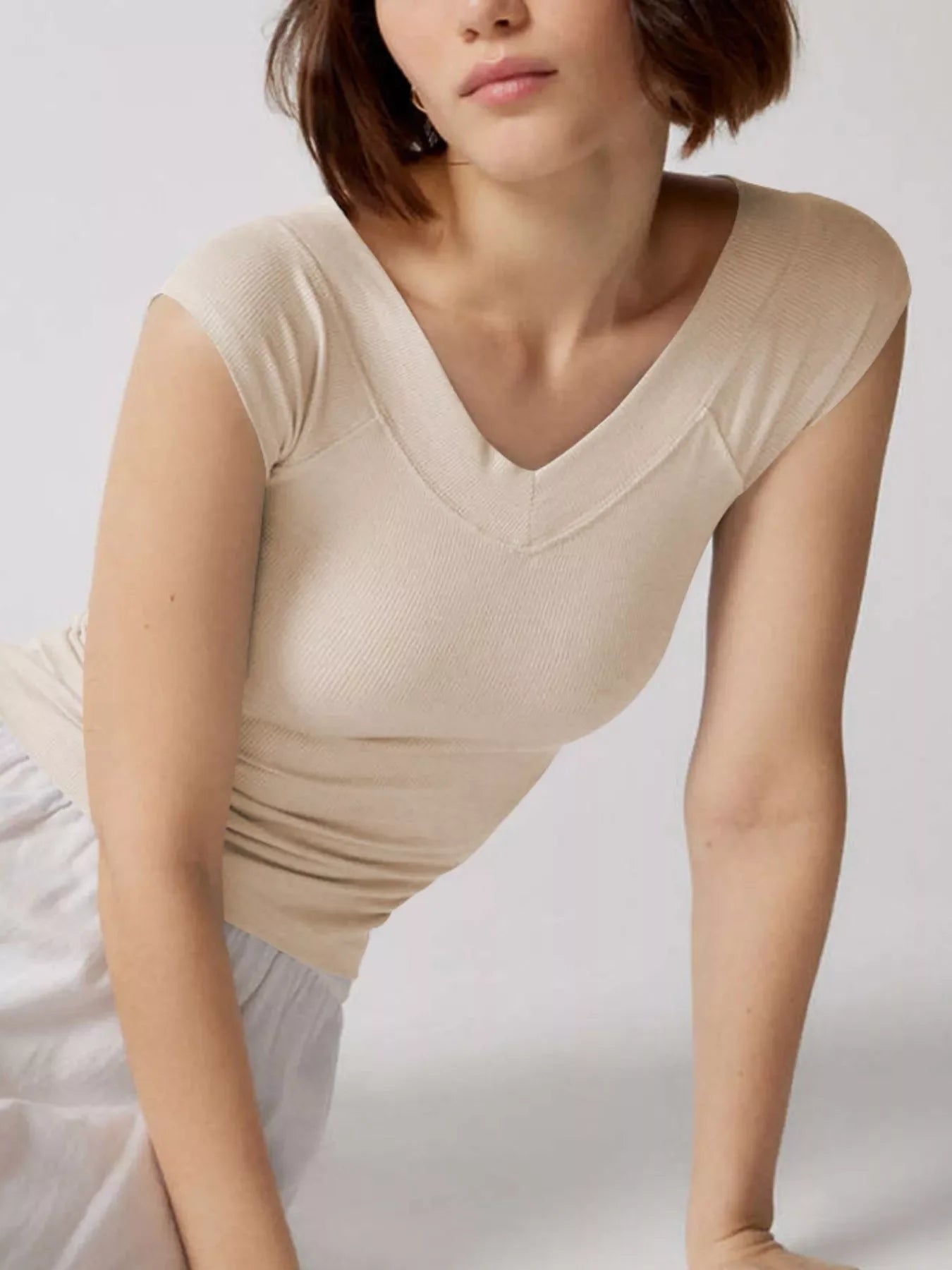 Ribbed V-Neck Cap Sleeve Fitted T-Shirt - Southern Shores Clothing