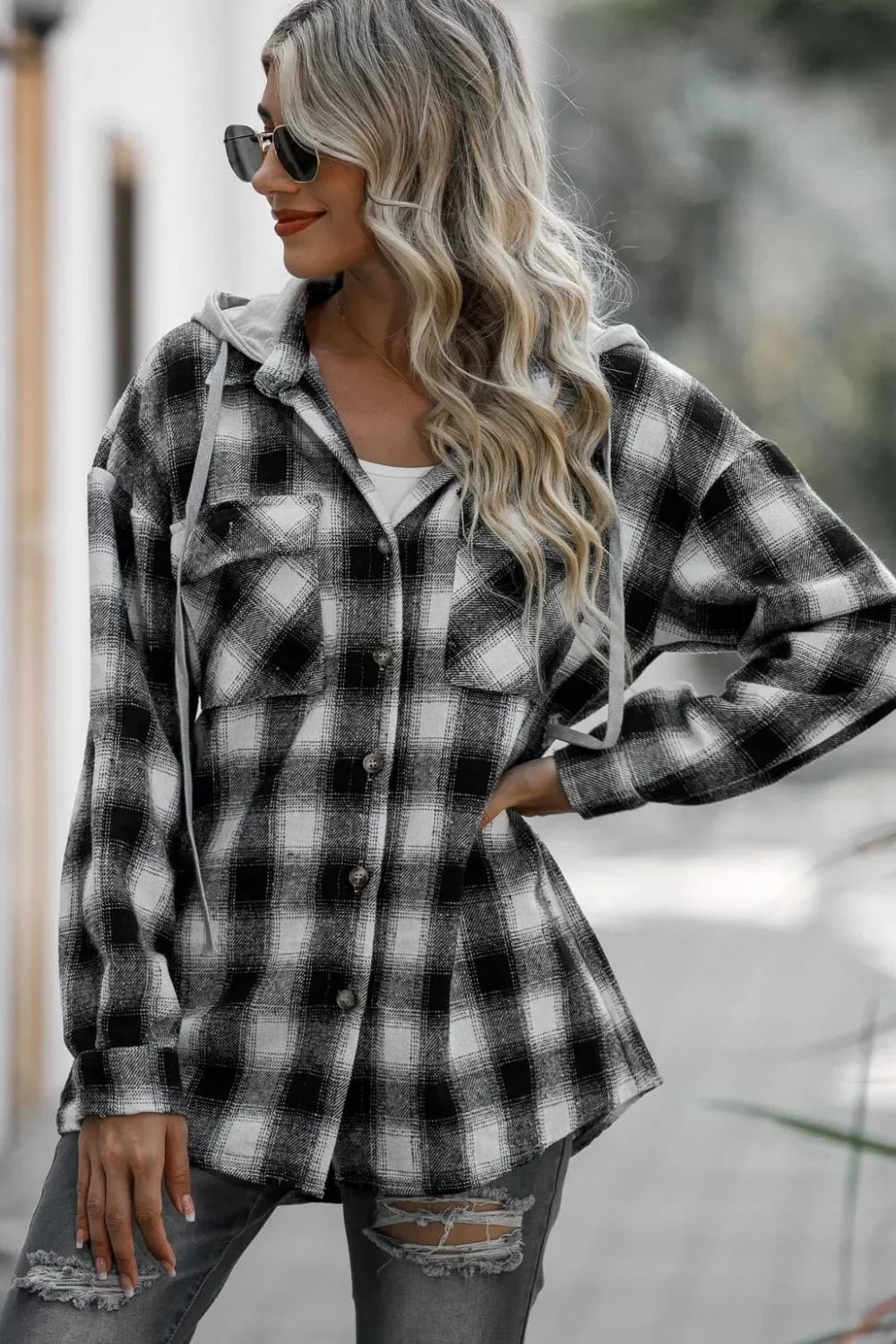 Buttoned Drawstring Plaid Long Sleeve Hooded Cozy Shacket | Southern Shores Clothing - Southern Shores Clothing