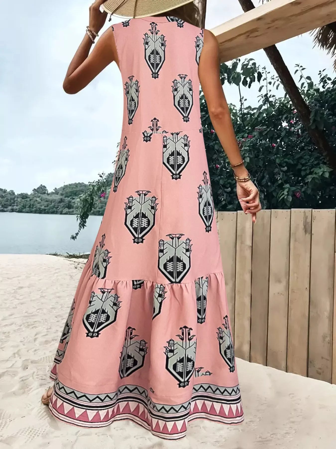 Printed Sleeveless Maxi Dress With Tiered Skirt - Southern Shores Clothing