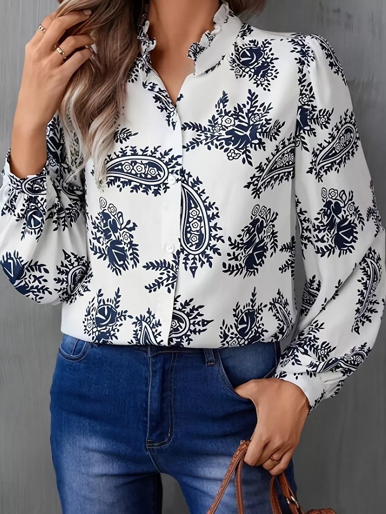Paisley Print Button Up Shirt With Frill Collar Long Sleeves - Southern Shores Clothing