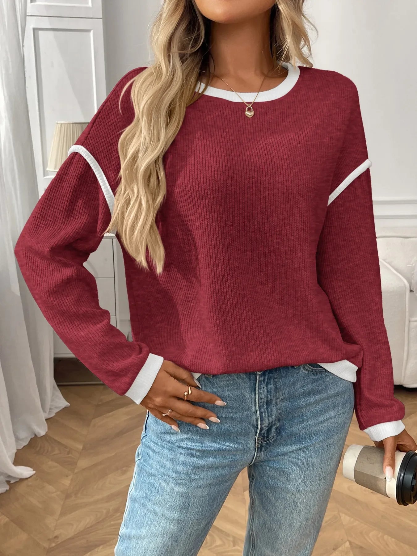 Ribbed Contrast Trim Long Sleeve Top - Southern Shores Clothing