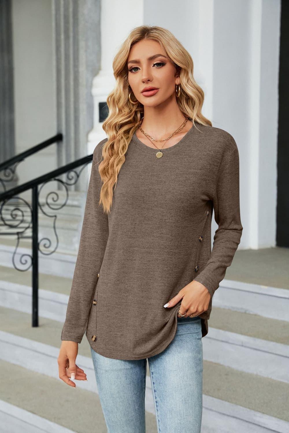 Round Neck Long Sleeve T Shirt With Button Detail - Southern Shores Clothing