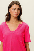 Waved Rib V Neck Top With Front Pocket Relaxed Fit - Southern Shores Clothing