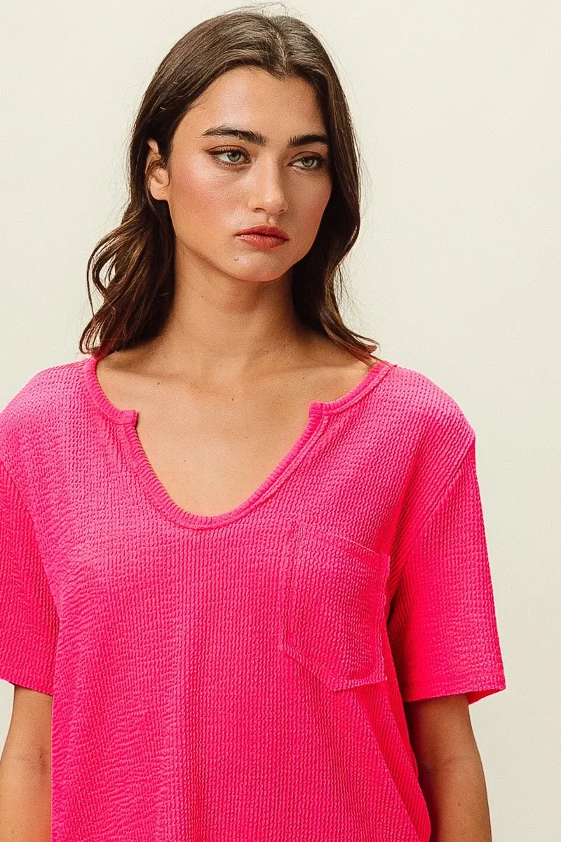 Waved Rib V Neck Top With Front Pocket Relaxed Fit - Southern Shores Clothing
