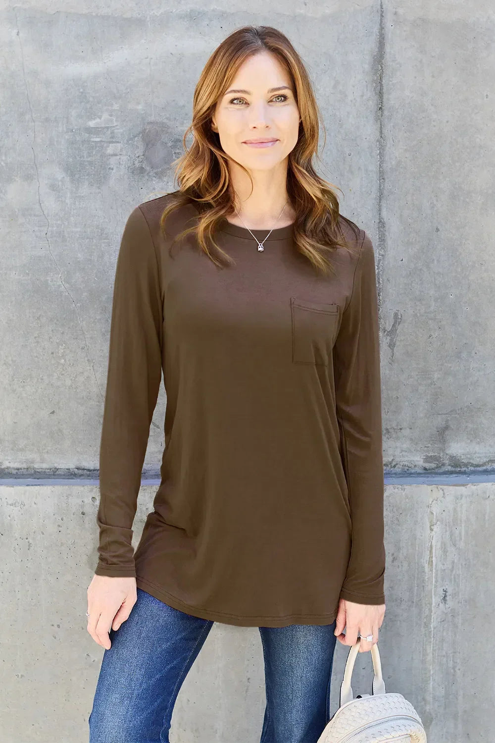 Round Neck Long Sleeve Top With Pockets Classic - Southern Shores Clothing
