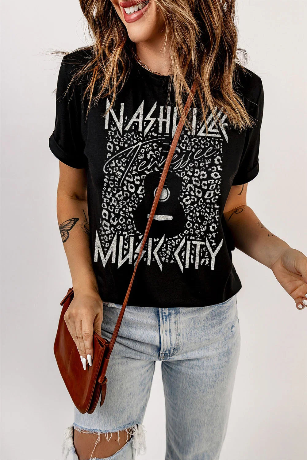 Graphic T Shirt With Cuffed Short Sleeves Round Neck - Southern Shores Clothing
