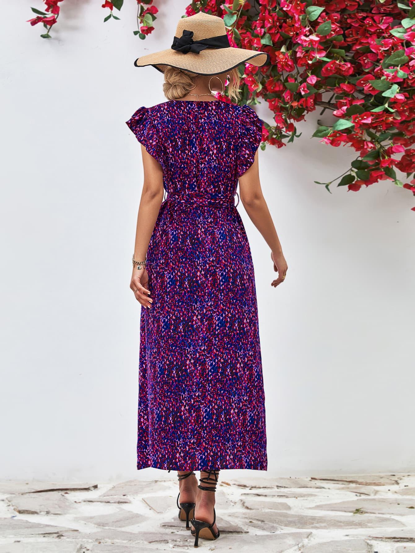 Printed Surplice Neck Flutter Sleeve Slit Dress - Southern Shores Clothing