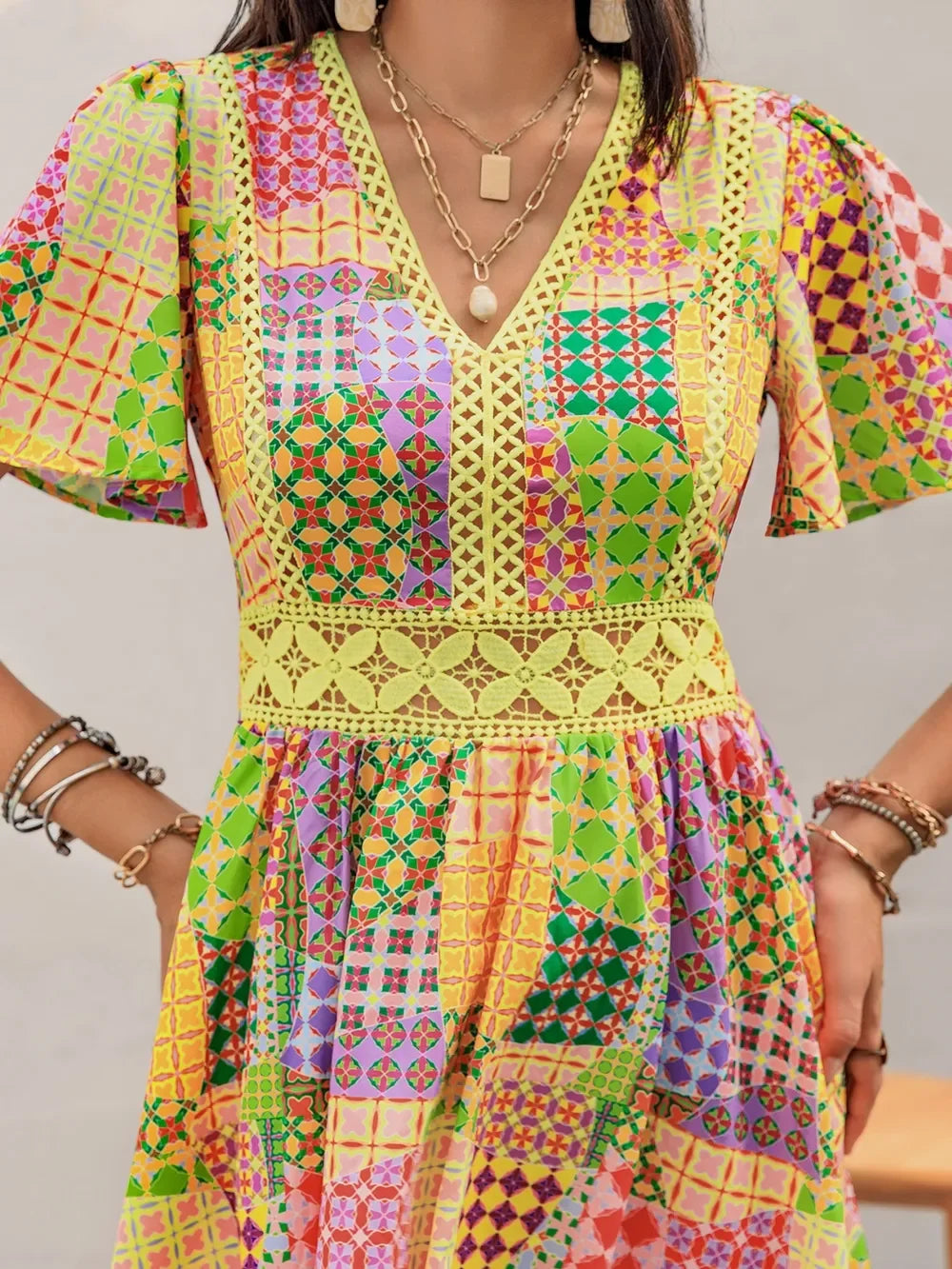 Crochet Trim Printed V-Neck Short Sleeve Ruched Mini Dress - Southern Shores Clothing