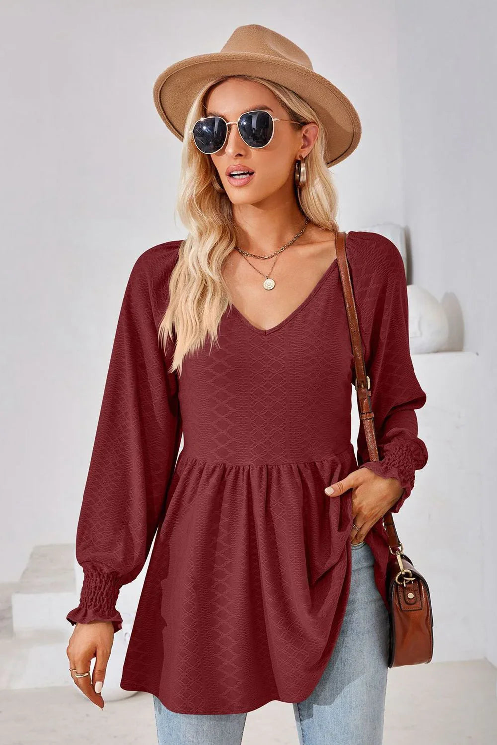 V-Neck Lantern Sleeve Blouse With Regular Length Casual Fit - Southern Shores Clothing