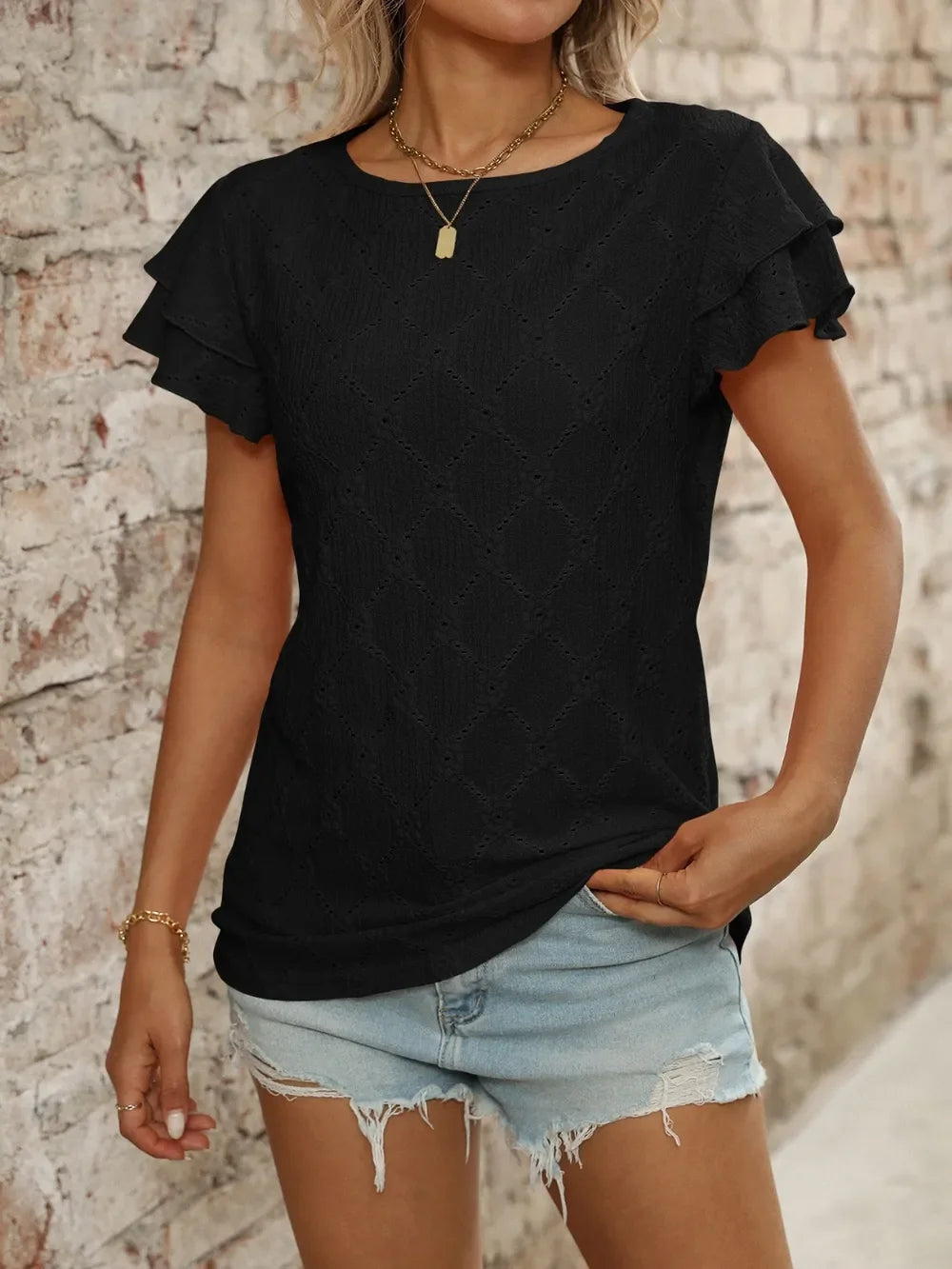 Eyelet Round Neck Ruffled Short Sleeve Top - Southern Shores Clothing