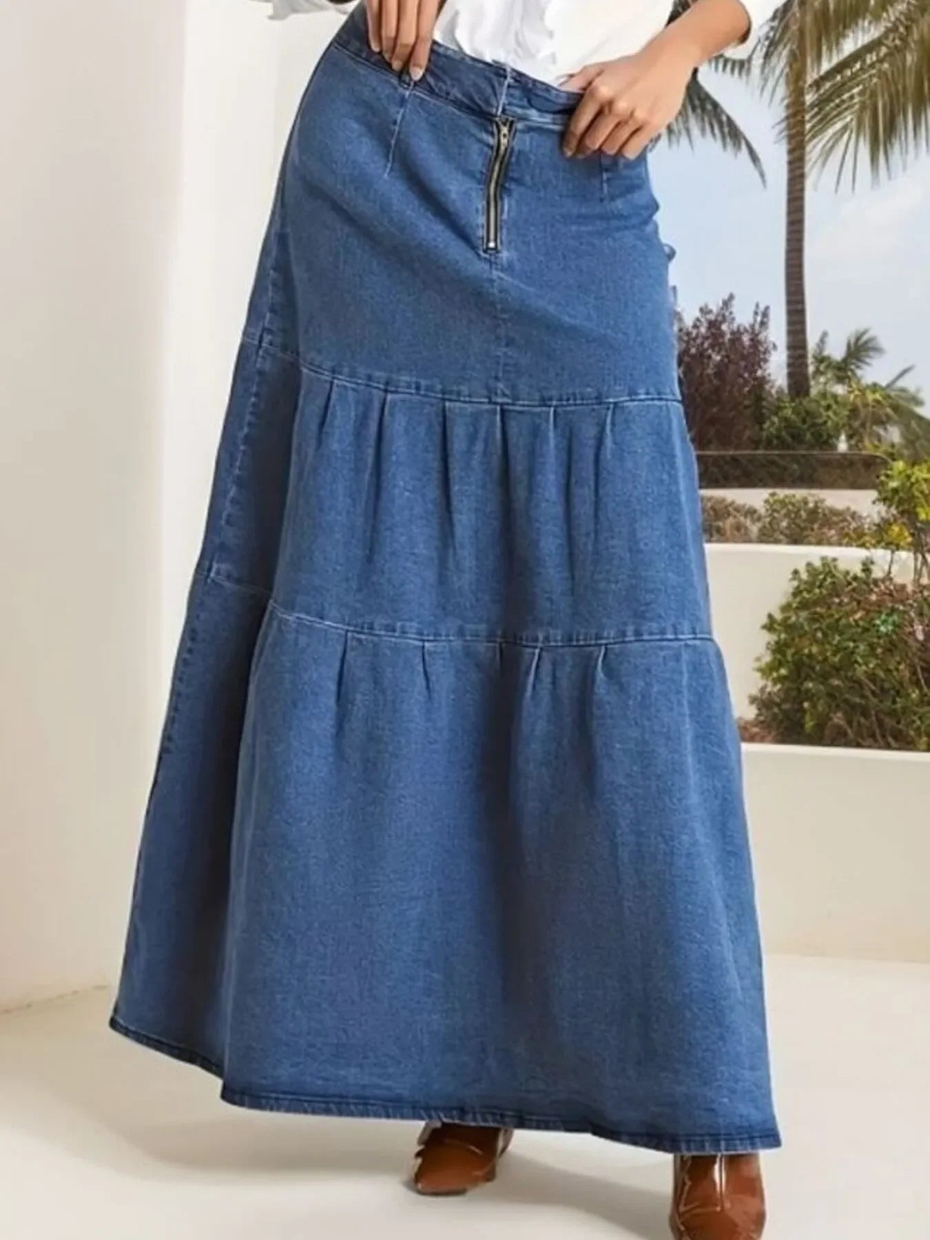 Long Tiered Maxi Denim Skirt With Zipper Detail - Southern Shores Clothing