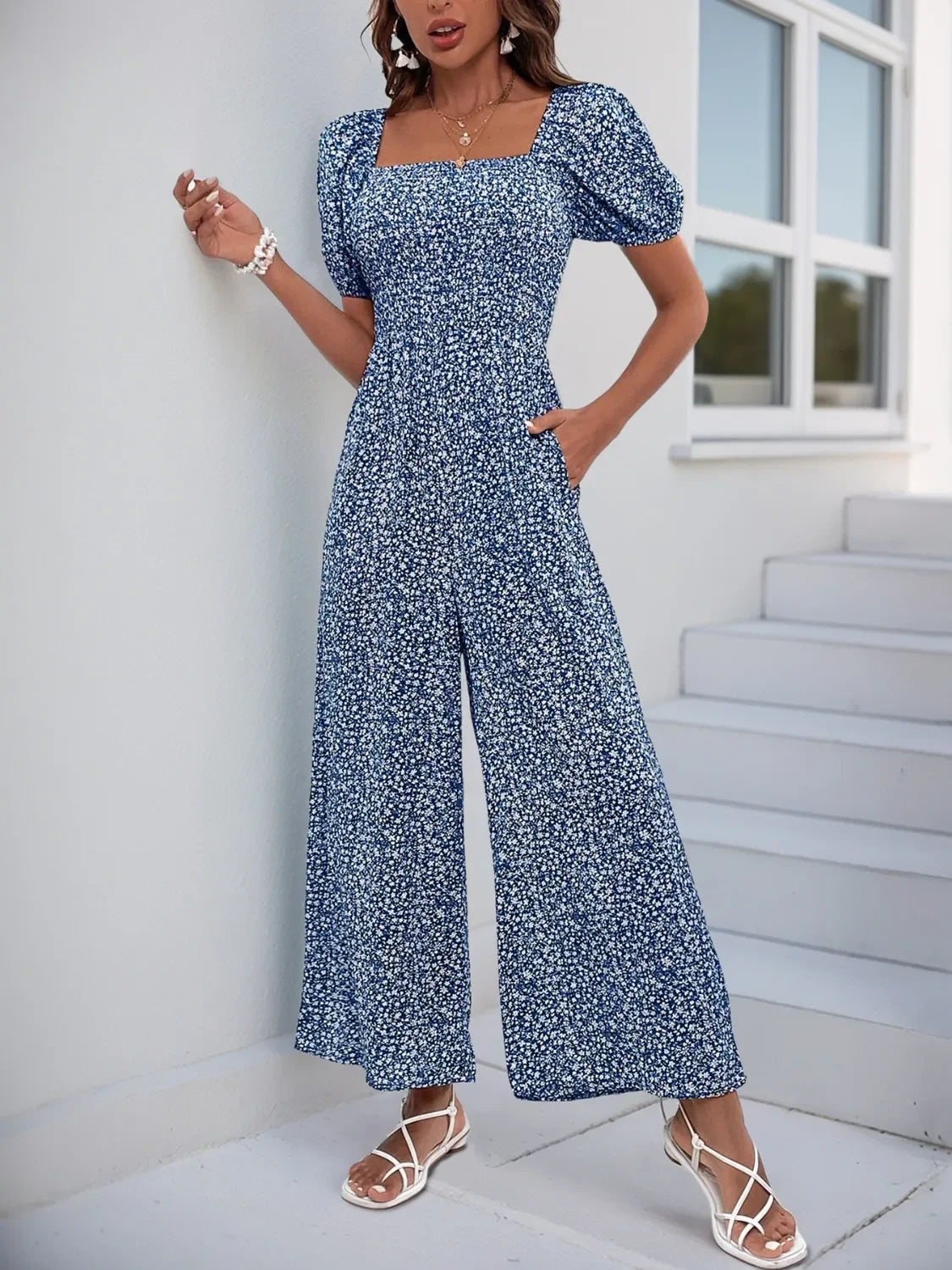 Printed Square Neck Puff Sleeve Jumpsuit - Southern Shores Clothing