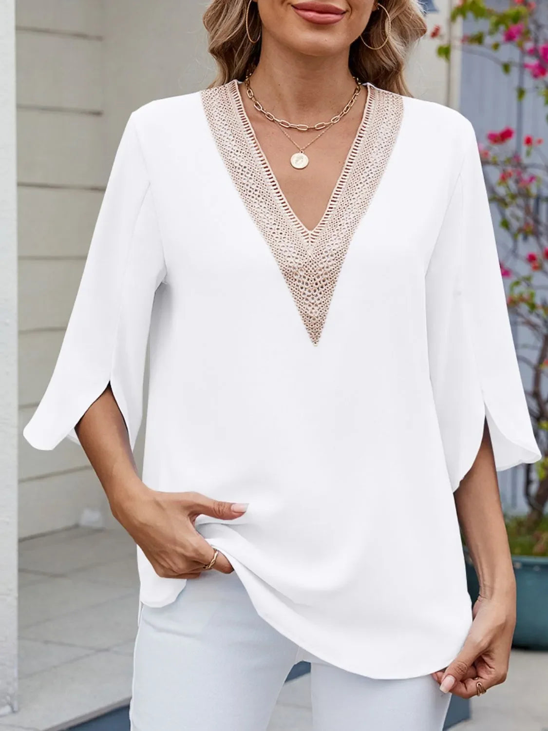V-Neck Three Quarter Sleeve Lace Blouse Rayon Blend Fabric - Southern Shores Clothing