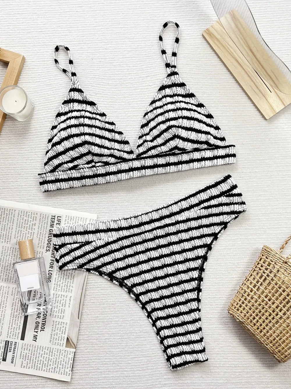 Striped V-Neck Two-Piece Swim Set With Non-Removable Padding - Southern Shores Clothing